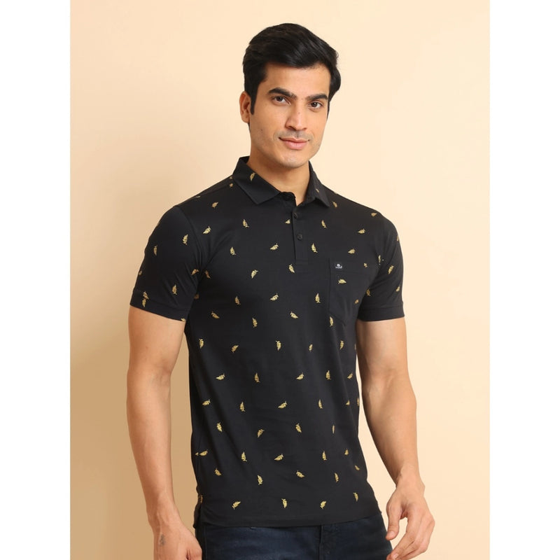 Mayawye Men's Casual Cotton Printed Polo Neck Half Sleeve T-Shirt (Black)