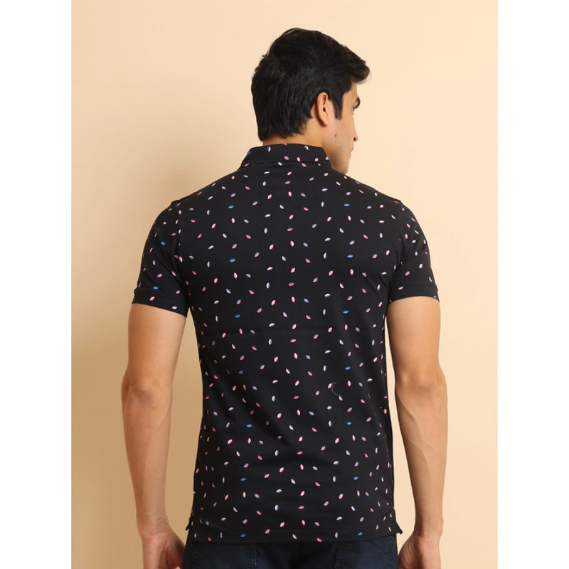 Mayawye Men's Casual Cotton Printed Polo Neck Half Sleeve T-Shirt (Black)