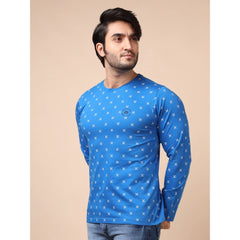 Mayawye Men's Casual Cotton Printed Round Neck Full Sleeve T-Shirt (Blue)