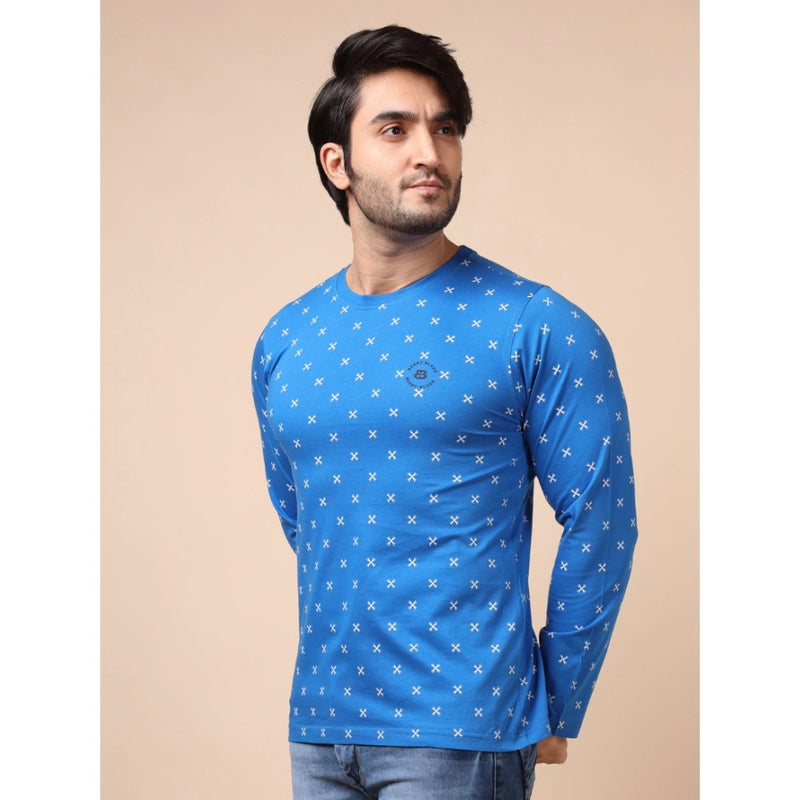 Mayawye Men's Casual Cotton Printed Round Neck Full Sleeve T-Shirt (Blue)