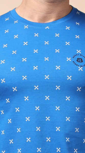 Mayawye Men's Casual Cotton Printed Round Neck Full Sleeve T-Shirt (Blue)