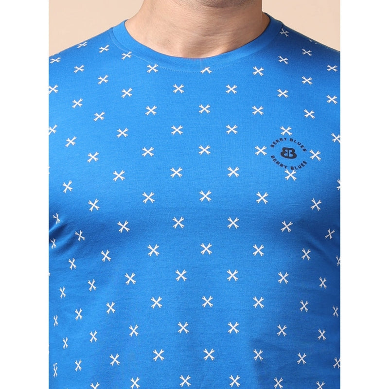 Mayawye Men's Casual Cotton Printed Round Neck Full Sleeve T-Shirt (Blue)