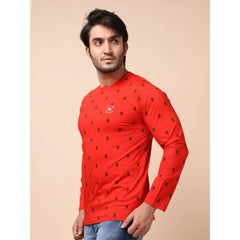 Mayawye Men's Casual Cotton Printed Round Neck Full Sleeve T-Shirt (Red)