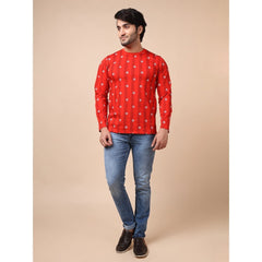 Mayawye Men's Casual Cotton Printed Round Neck Full Sleeve T-Shirt (Red)