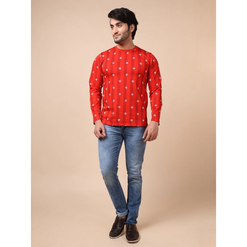 Mayawye Men's Casual Cotton Printed Round Neck Full Sleeve T-Shirt (Red)
