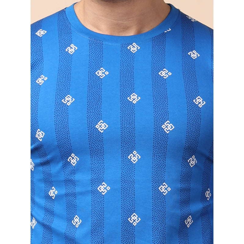 Mayawye Men's Casual Cotton Printed Round Neck Full Sleeve T-Shirt (Blue)
