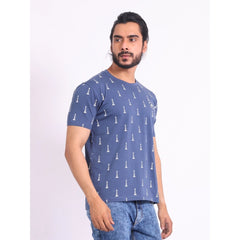 Mayawye Men's Casual Cotton Printed Round Neck Half Sleeve T-Shirt (Blue)