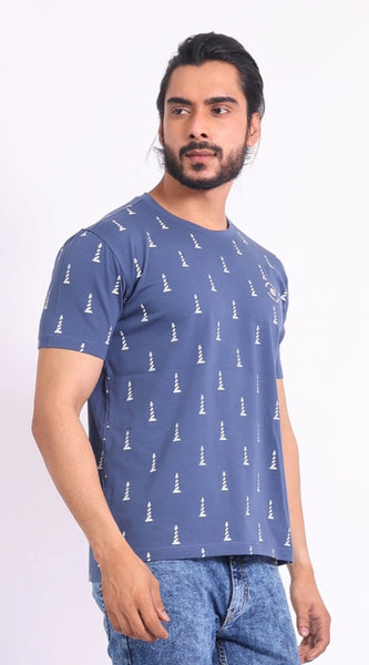 Mayawye Men's Casual Cotton Printed Round Neck Half Sleeve T-Shirt (Blue)