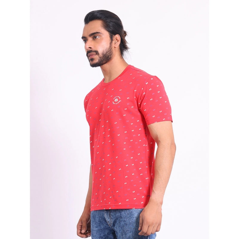 Mayawye Men's Casual Cotton Printed Round Neck Half Sleeve T-Shirt (Red)
