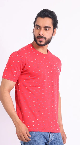 Mayawye Men's Casual Cotton Printed Round Neck Half Sleeve T-Shirt (Red)