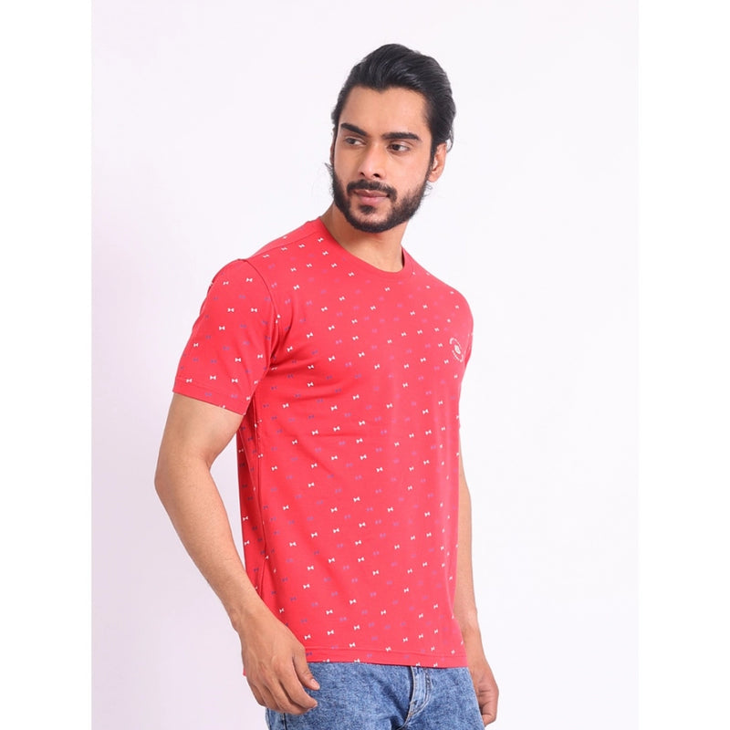 Mayawye Men's Casual Cotton Printed Round Neck Half Sleeve T-Shirt (Red)