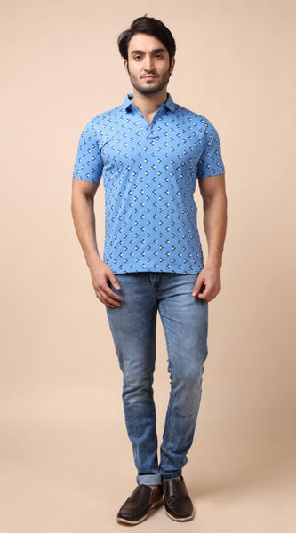 Mayawye Men's Casual Cotton Printed Polo Neck Half Sleeve T-Shirt (Blue)