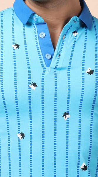 Mayawye Men's Casual Cotton Printed Polo Neck Half Sleeve T-Shirt (Skyblue)