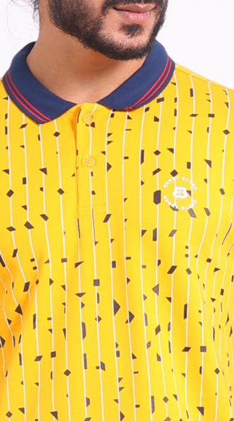 Mayawye Men's Casual Cotton Printed Polo Neck Half Sleeve T-Shirt (Turmeric)