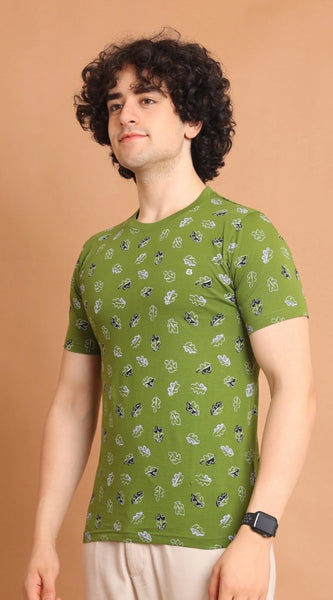 Mayawye Men's Casual Cotton Printed Round Neck Half Sleeve T-Shirt (Green)