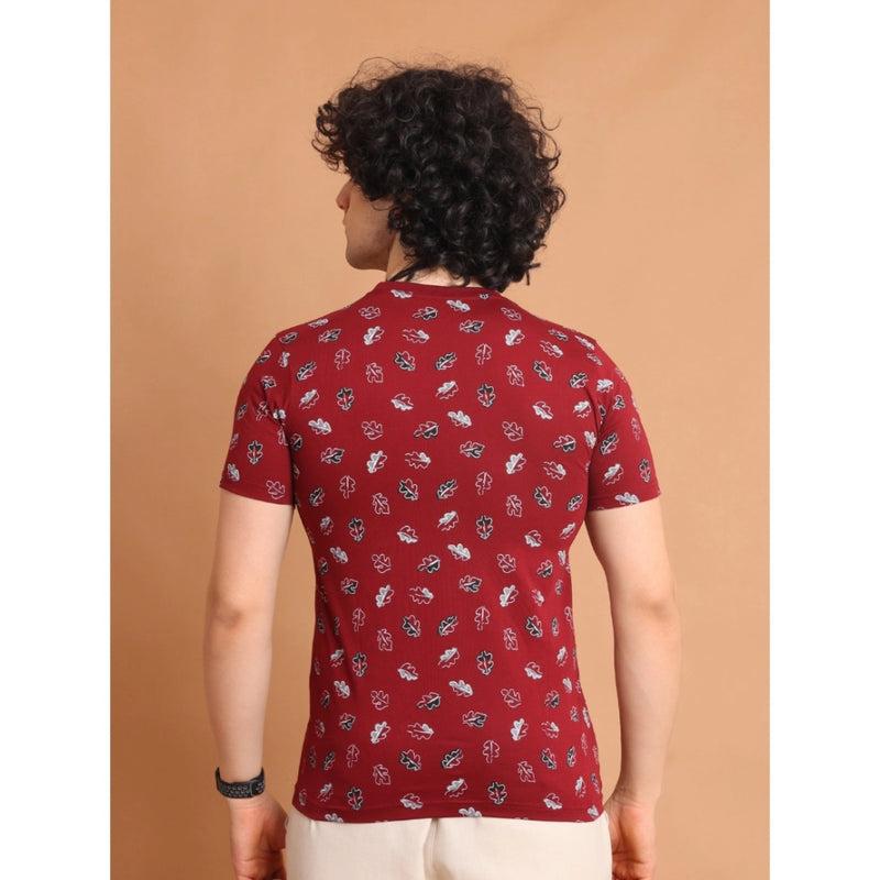 Mayawye Men's Casual Cotton Printed Round Neck Half Sleeve T-Shirt (Maroon)