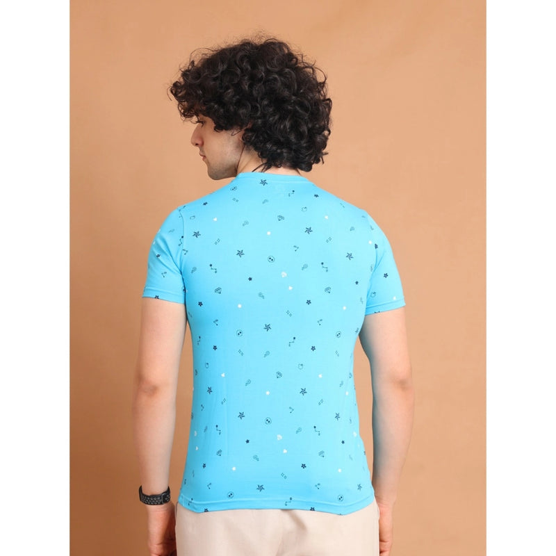 Mayawye Men's Casual Cotton Printed Round Neck Half Sleeve T-Shirt (Skyblue)