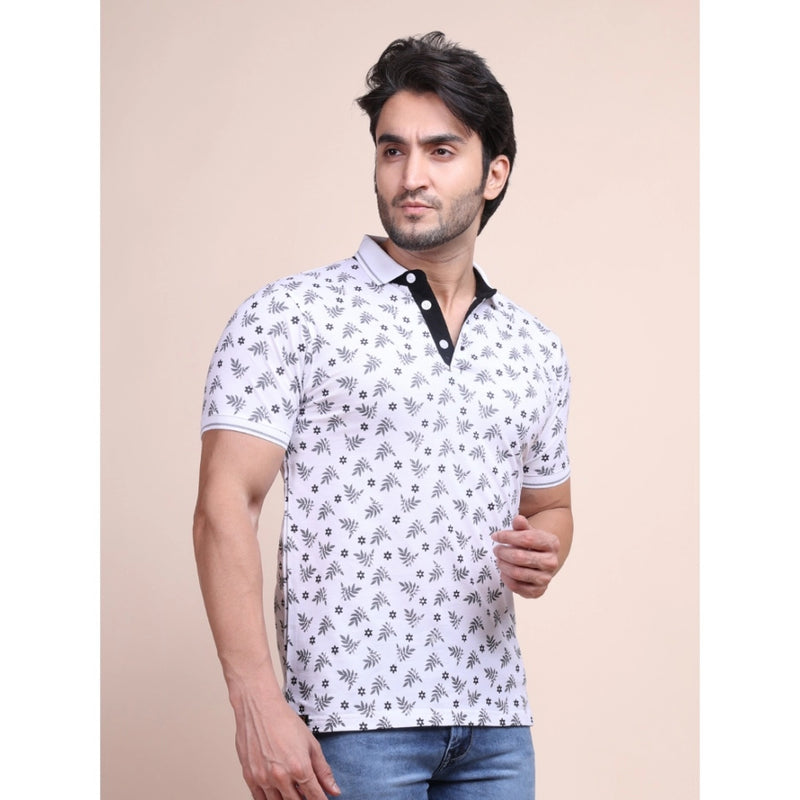 Mayawye Men's Casual Cotton Printed Polo Neck Half Sleeve T-Shirt (White)