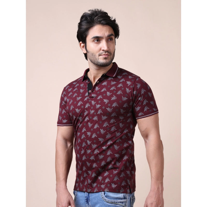 Mayawye Men's Casual Cotton Printed Polo Neck Half Sleeve T-Shirt (Plum)