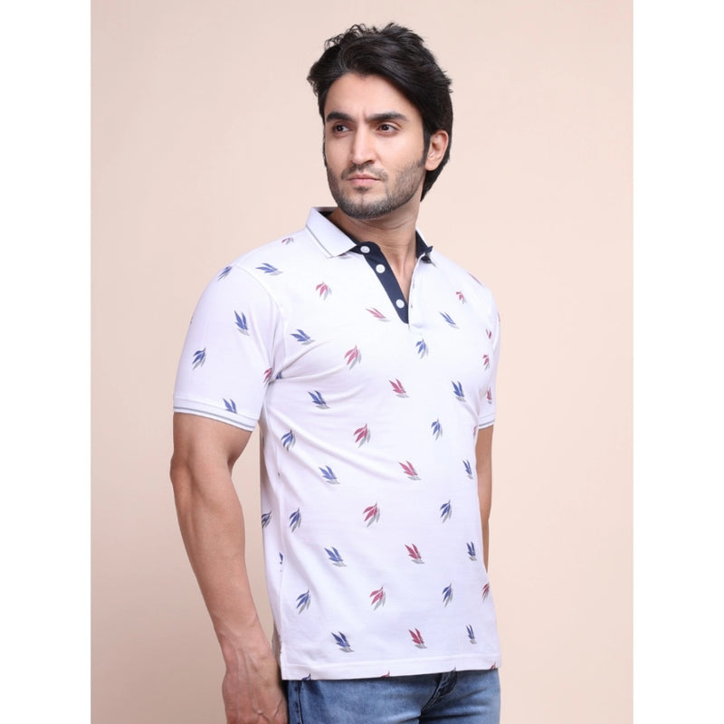 Mayawye Men's Casual Cotton Printed Polo Neck Half Sleeve T-Shirt (White)