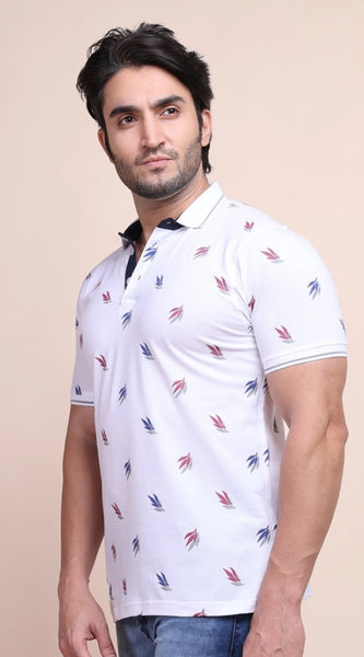 Mayawye Men's Casual Cotton Printed Polo Neck Half Sleeve T-Shirt (White)