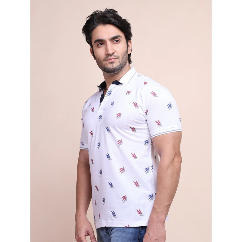 Mayawye Men's Casual Cotton Printed Polo Neck Half Sleeve T-Shirt (White)