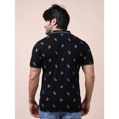 Mayawye Men's Casual Cotton Printed Polo Neck Half Sleeve T-Shirt (Black)