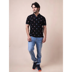 Mayawye Men's Casual Cotton Printed Polo Neck Half Sleeve T-Shirt (Black)