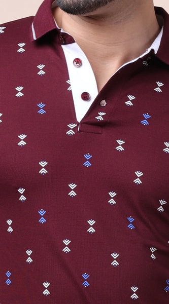 Mayawye Men's Casual Cotton Printed Polo Neck Half Sleeve T-Shirt (Plum)