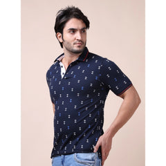 Mayawye Men's Casual Cotton Printed Polo Neck Half Sleeve T-Shirt (Navy)