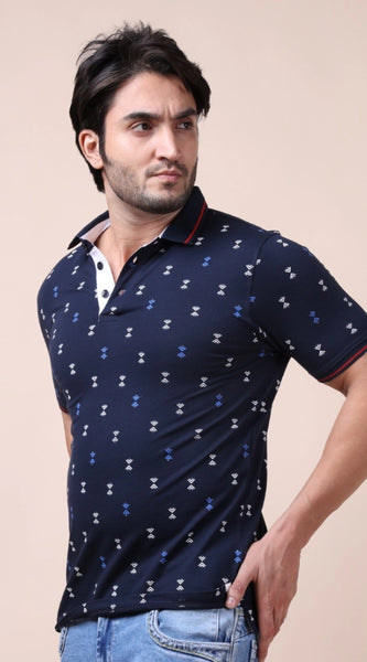 Mayawye Men's Casual Cotton Printed Polo Neck Half Sleeve T-Shirt (Navy)