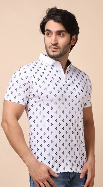 Mayawye Men's Casual Cotton Printed Polo Neck Half Sleeve T-Shirt (White)