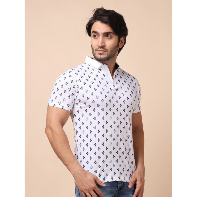 Mayawye Men's Casual Cotton Printed Polo Neck Half Sleeve T-Shirt (White)