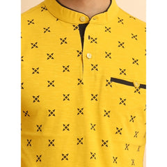 Mayawye Men's Casual Cotton Printed Mandarin Collar Half Sleeve T-Shirt (Mustard)
