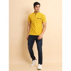 Mayawye Men's Casual Cotton Printed Mandarin Collar Half Sleeve T-Shirt (Mustard)