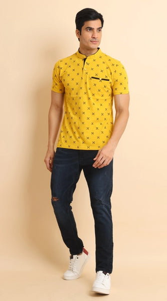 Mayawye Men's Casual Cotton Printed Mandarin Collar Half Sleeve T-Shirt (Mustard)