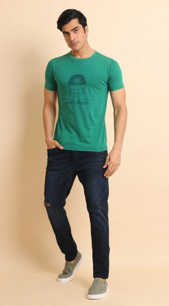 Mayawye Men's Casual Cotton Printed Round Neck Half Sleeve T-Shirt (Green)