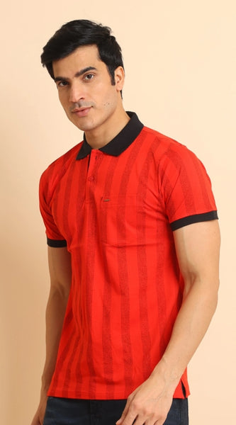 Mayawye Men's Casual Cotton Printed Polo Neck Half Sleeve T-Shirt (Red)