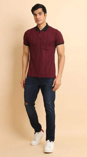 Mayawye Men's Casual Cotton Printed Polo Neck Half Sleeve T-Shirt (Plum)