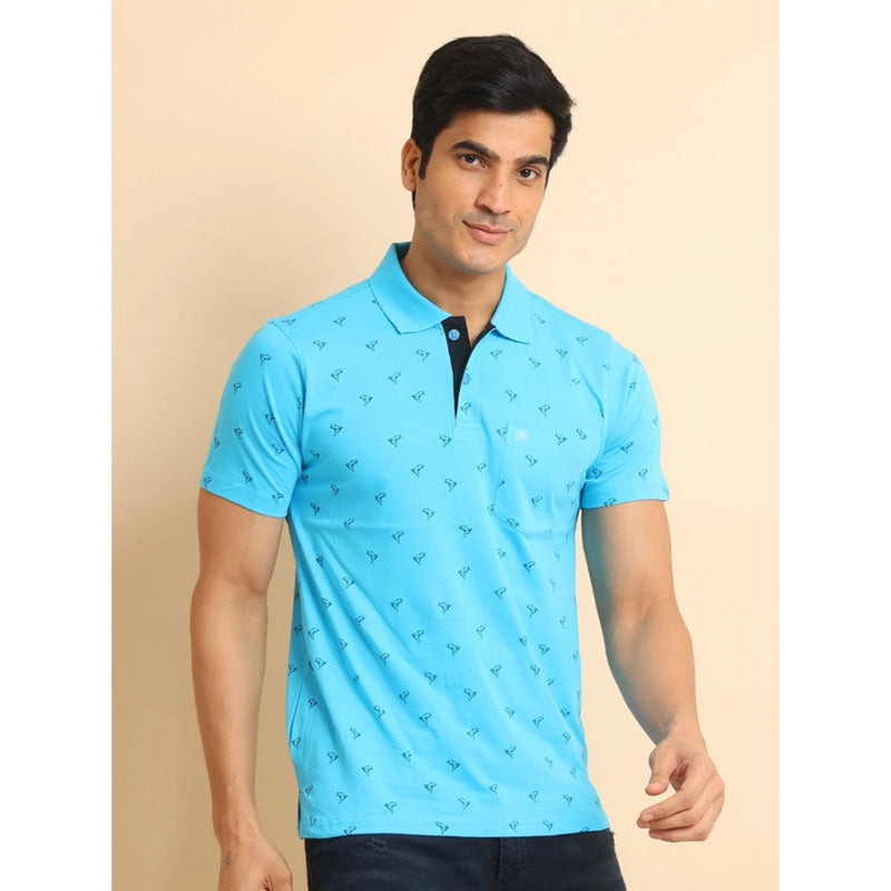 Mayawye Men's Casual Cotton Printed Polo Neck Half Sleeve T-Shirt (Skyblue)