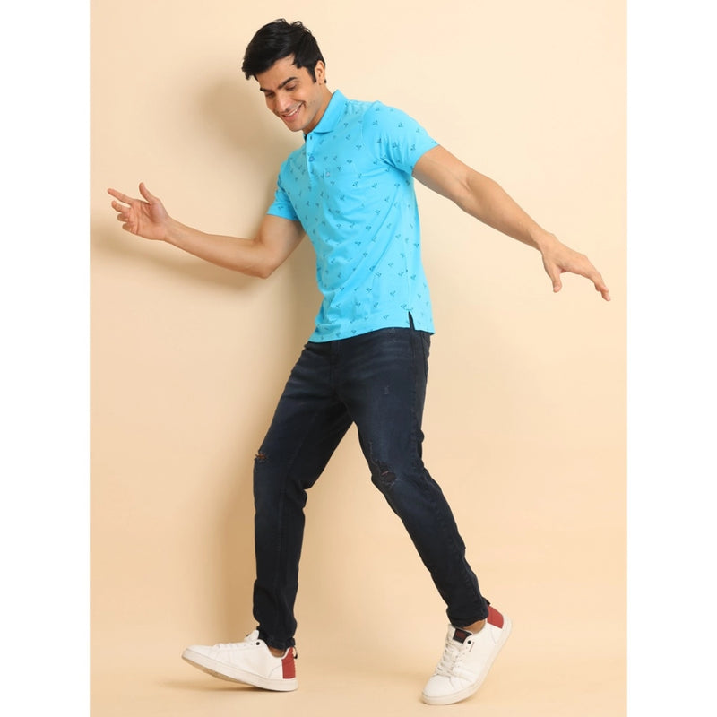 Mayawye Men's Casual Cotton Printed Polo Neck Half Sleeve T-Shirt (Skyblue)