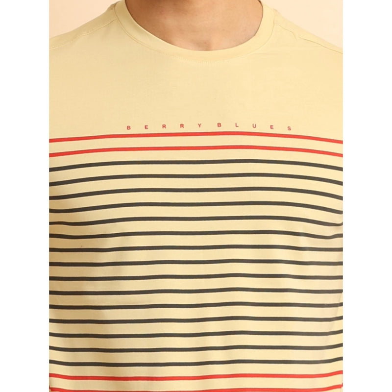 Mayawye Men's Casual Cotton Printed Round Neck Half Sleeve T-Shirt (Beige)