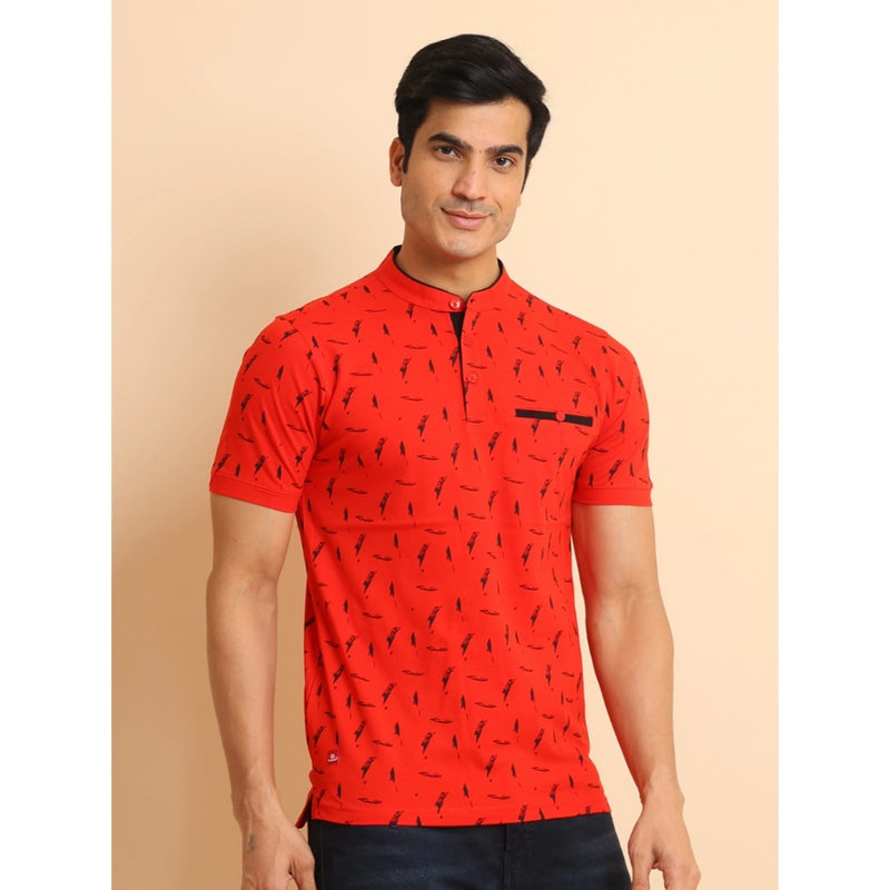 Mayawye Men's Casual Cotton Printed Mandarin Collar Half Sleeve T-Shirt (Red)