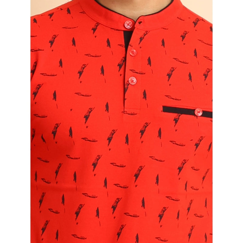Mayawye Men's Casual Cotton Printed Mandarin Collar Half Sleeve T-Shirt (Red)
