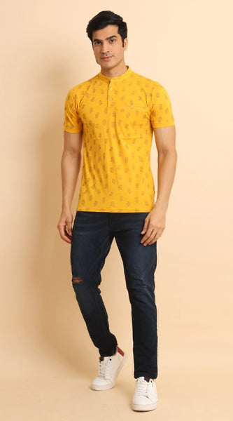 Mayawye Men's Casual Cotton Printed Mandarin Collar Half Sleeve T-Shirt (Mustard)