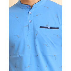 Mayawye Men's Casual Cotton Printed Mandarin Collar Half Sleeve T-Shirt (LightBlue)