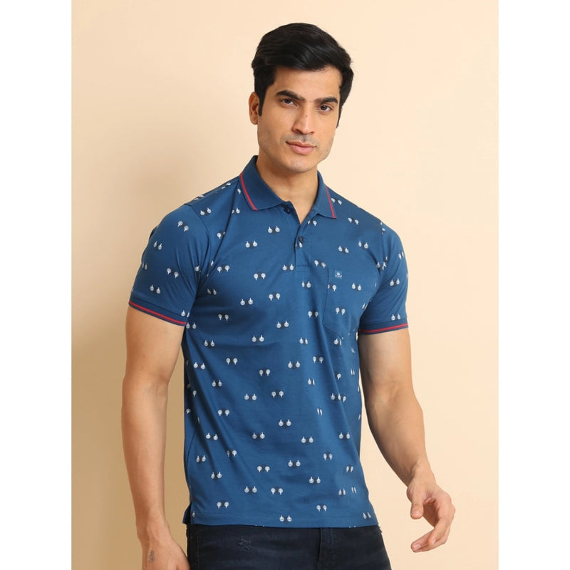Mayawye Men's Casual Cotton Printed Polo Neck Half Sleeve T-Shirt (Blue)
