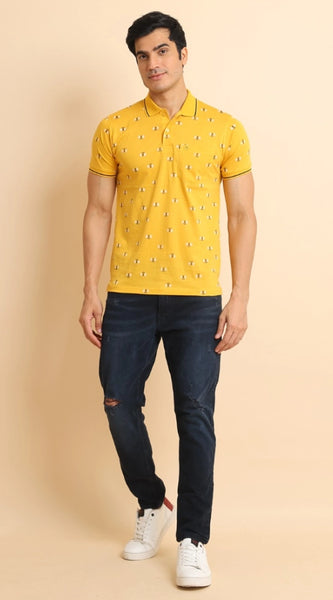 Mayawye Men's Casual Cotton Printed Polo Neck Half Sleeve T-Shirt (Mustard)