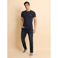 Mayawye Men's Casual Cotton Solid Round Neck Half Sleeve T-Shirt (Navy)