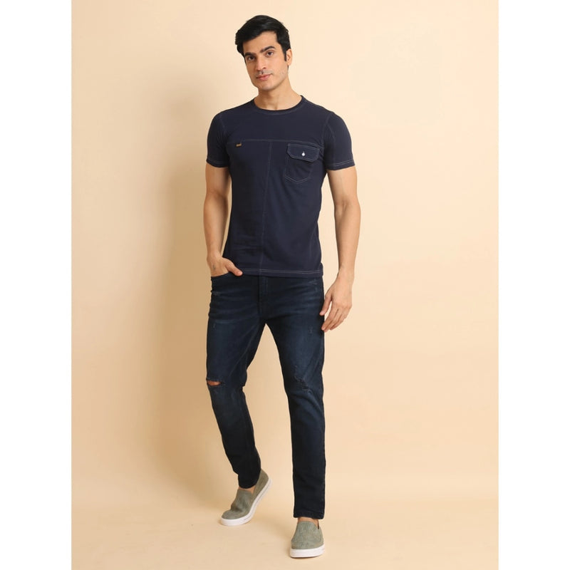 Mayawye Men's Casual Cotton Solid Round Neck Half Sleeve T-Shirt (Navy)